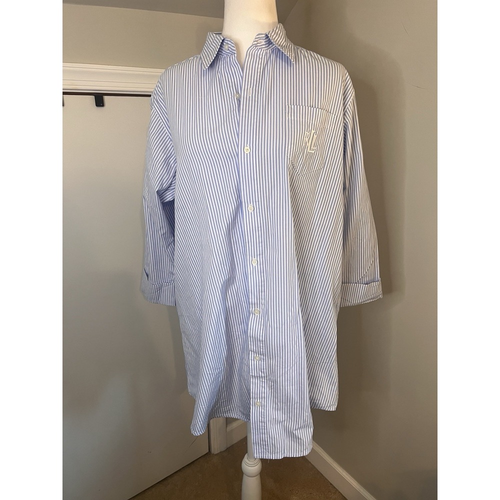 Lauren Ralph Lauren Nightshirt Women Blue Striped Button Up Sleep Shirt SIZE M